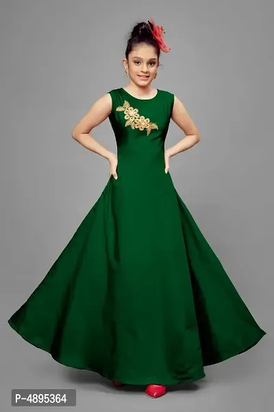 Stylish Satin Green Embroidered Long Dress For Girls-thumb4
