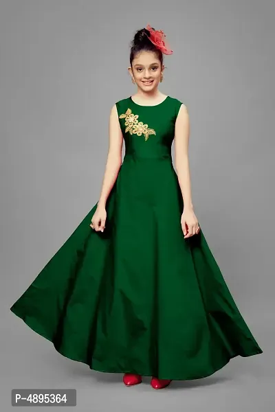 Stylish Satin Green Embroidered Long Dress For Girls