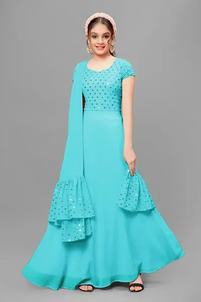 Georgette Embellished Girl's Ethnic Gown Maxi Dress With Dupatta