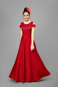 Stylish Taffeta Satin Red Woven Design Maxi Gown Dress For Girls-thumb2