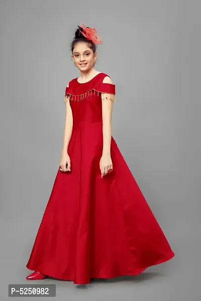 Stylish Taffeta Satin Red Woven Design Maxi Gown Dress For Girls-thumb0