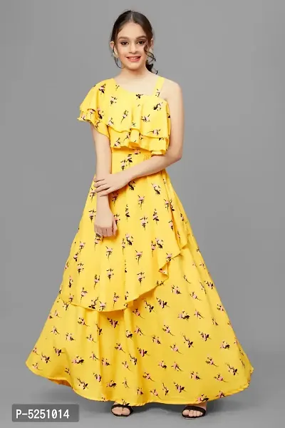 Stylish Georgette Yellow Printed Fit And Flare Dress For Girls