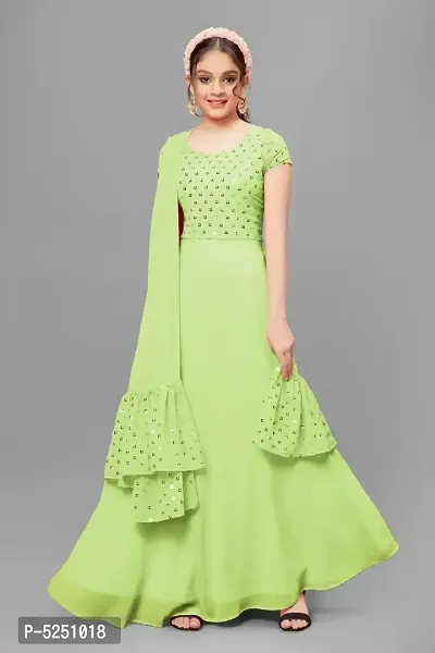 Stylish Georgette Green Embellished Gown Style Dress With Dupatta Set For Girls-thumb0