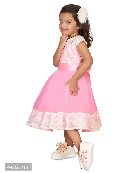Elegant Pink Net Embellished Cap Sleeve Lace Flared Midi Party Dress For Girls-thumb3