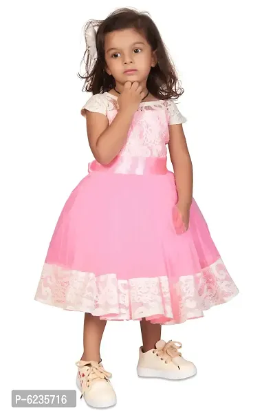 Elegant Pink Net Embellished Cap Sleeve Lace Flared Midi Party Dress For Girls-thumb0