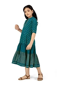 Fabulous Green Crepe Knee Length Foil Printed Tiered Dress For Girls-thumb2