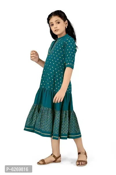 Fabulous Green Crepe Knee Length Foil Printed Tiered Dress For Girls-thumb3