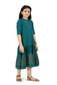 Fabulous Green Crepe Knee Length Foil Printed Tiered Dress For Girls-thumb4