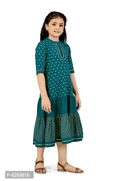 Fabulous Green Crepe Knee Length Foil Printed Tiered Dress For Girls-thumb5