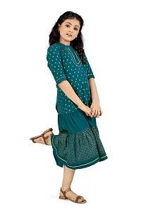 Fabulous Green Crepe Knee Length Foil Printed Tiered Dress For Girls-thumb3