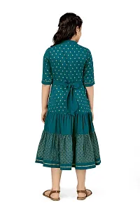 Fabulous Green Crepe Knee Length Foil Printed Tiered Dress For Girls-thumb1