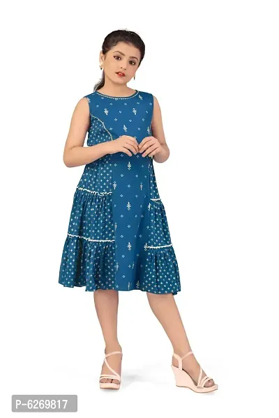 Fabulous Blue Crepe Foil Print Knee Length Dresses For Girls-thumb5