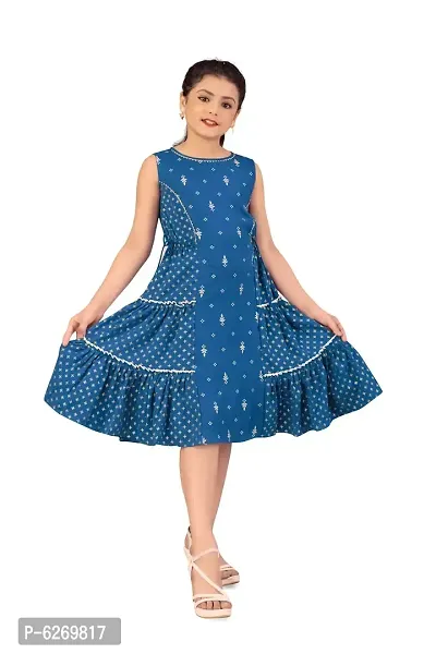 Fabulous Blue Crepe Foil Print Knee Length Dresses For Girls