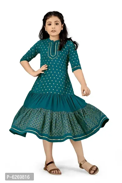 Fabulous Green Crepe Knee Length Foil Printed Tiered Dress For Girls