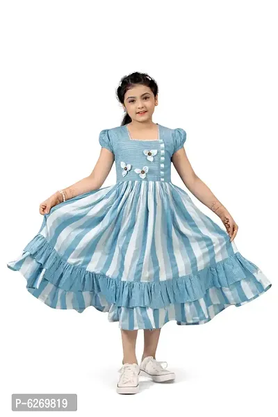 Fabulous Blue Cotton Striped Ruffle Hem Western Dresses For Girls