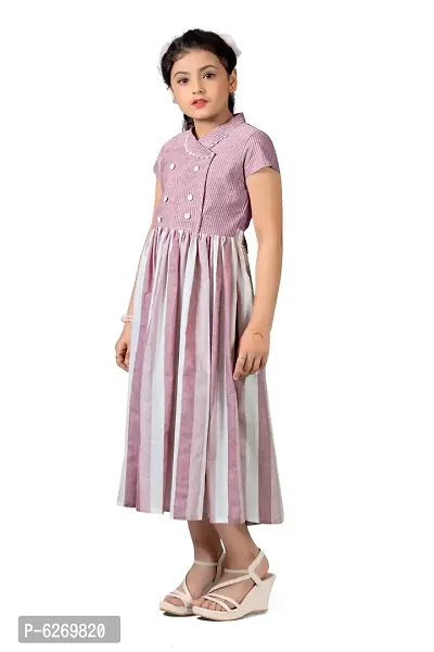 Fabulous Pink Cotton Double Breasted Striped Calf Length Dresses For Girls-thumb3