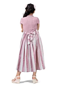 Fabulous Pink Cotton Double Breasted Striped Calf Length Dresses For Girls-thumb1