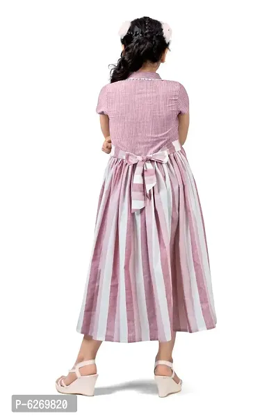 Fabulous Pink Cotton Double Breasted Striped Calf Length Dresses For Girls-thumb2