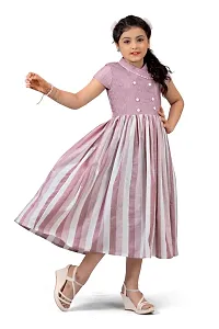 Fabulous Pink Cotton Double Breasted Striped Calf Length Dresses For Girls-thumb4