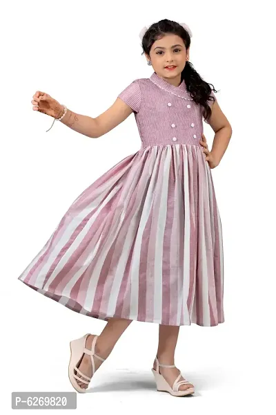 Fabulous Pink Cotton Double Breasted Striped Calf Length Dresses For Girls-thumb5