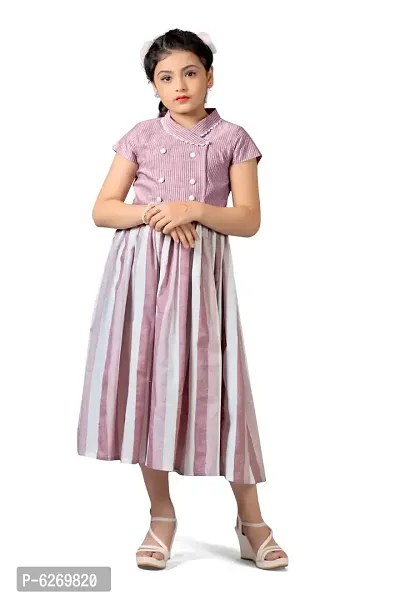 Fabulous Pink Cotton Double Breasted Striped Calf Length Dresses For Girls-thumb0