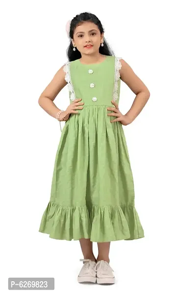 Fabulous Green Cotton Sleeveless Ruffle Western Dresses For Girls