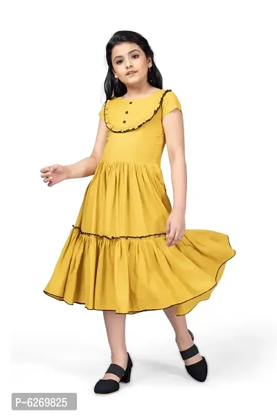 Fabulous Yellow Rayon Rayon Knee Length Frill Dresses For Girls