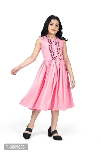 Fabulous Pink Rayon Knee Length Ruffle Frill Dresses For Girls
