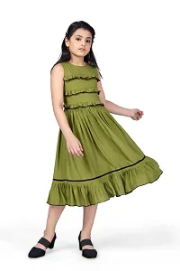 Fabulous Olive Rayon Knee Length Ruffle Trim Dresses For Girls-thumb2