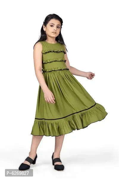 Fabulous Olive Rayon Knee Length Ruffle Trim Dresses For Girls-thumb3