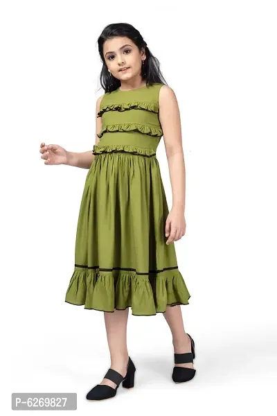 Fabulous Olive Rayon Knee Length Ruffle Trim Dresses For Girls
