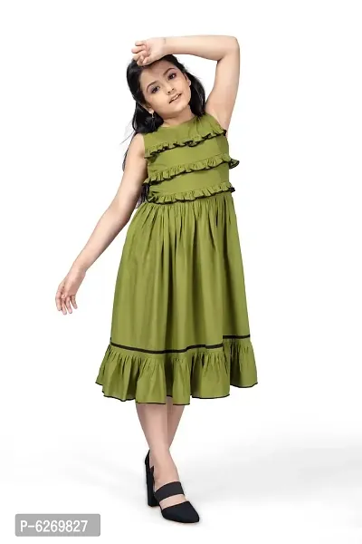 Fabulous Olive Rayon Knee Length Ruffle Trim Dresses For Girls-thumb5