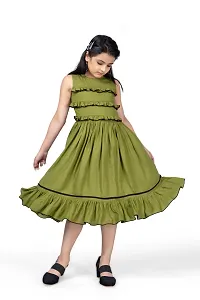 Fabulous Olive Rayon Knee Length Ruffle Trim Dresses For Girls-thumb3