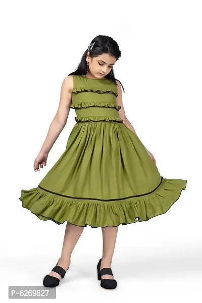 Fabulous Olive Rayon Knee Length Ruffle Trim Dresses For Girls-thumb4