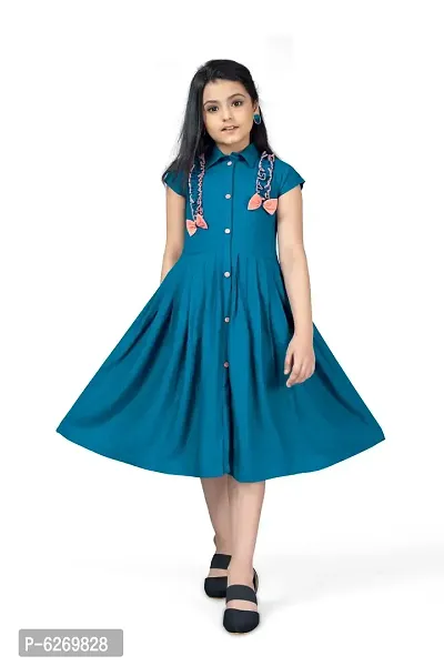 Fabulous Blue Rayon Knee Length Front Fastening Dresses For Girls