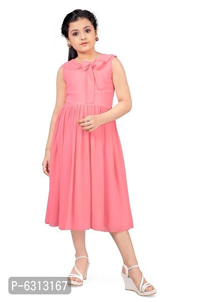 Elegant Pink Georgette Calf Length Pleated Dresses For Girls