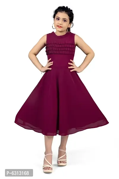 Elegant Magenta Georgette Pleated Calf Length Dresses For Girls