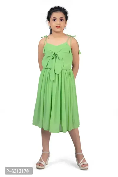 Elegant Green Georgette Tie-Up Style Calf Length Dresses For Girls