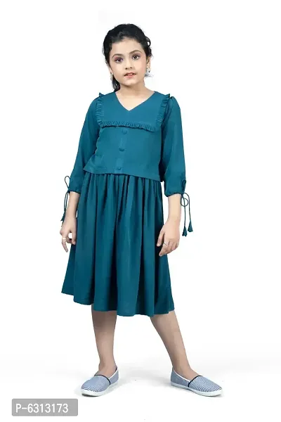 Elegant Blue Crepe Knee Length Pleated Dresses For Girls-thumb0
