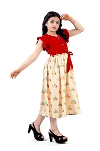 Elegant Red Crepe Floral Printed Calf Length Dresses For Girls-thumb3