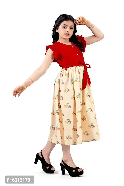 Elegant Red Crepe Floral Printed Calf Length Dresses For Girls-thumb4