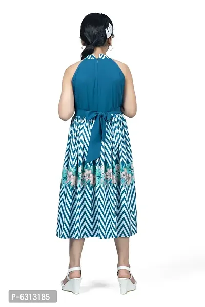 Elegant Blue Crepe Floral And Chevron Printed Calf Length Dresses For Girls-thumb2