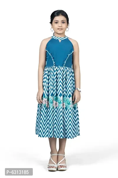 Elegant Blue Crepe Floral And Chevron Printed Calf Length Dresses For Girls-thumb5