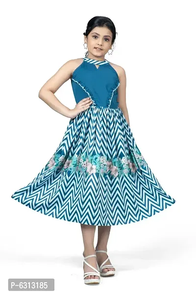 Elegant Blue Crepe Floral And Chevron Printed Calf Length Dresses For Girls-thumb0