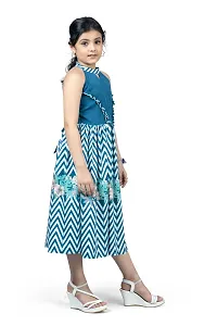 Elegant Blue Crepe Floral And Chevron Printed Calf Length Dresses For Girls-thumb3