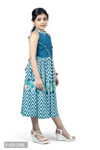Elegant Blue Crepe Floral And Chevron Printed Calf Length Dresses For Girls-thumb4