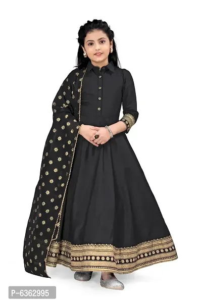 Stylish Black Silk Blend Maxi Length Foil Printed Dress With Dupatta For Girls