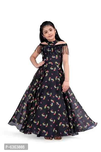 Stylish Black Tabby Silk Maxi Length Printed Dress For Girls