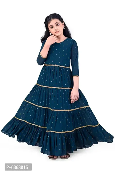 Stylish Teal Blue Georgette Maxi Length Foil Printed Dress For Girls