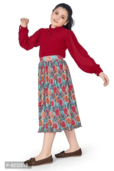 Fashion Dream Girl?۪s Red Georgette Shirt with Accordion Pleated Skirt Clothing Set